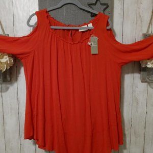 Coral, Chico's plus size cold shoulder blouse.